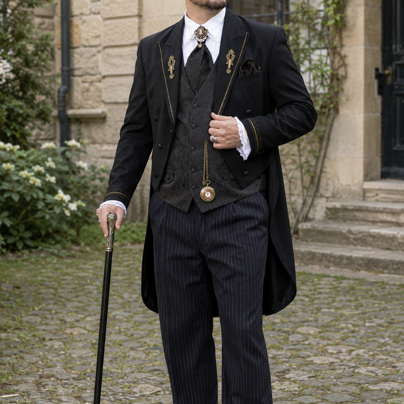 Steampunk Herren Outfit mit schwarzem Frack, gestreifter Stresemannhose, Zylinder und Stock in historischer Umgebung