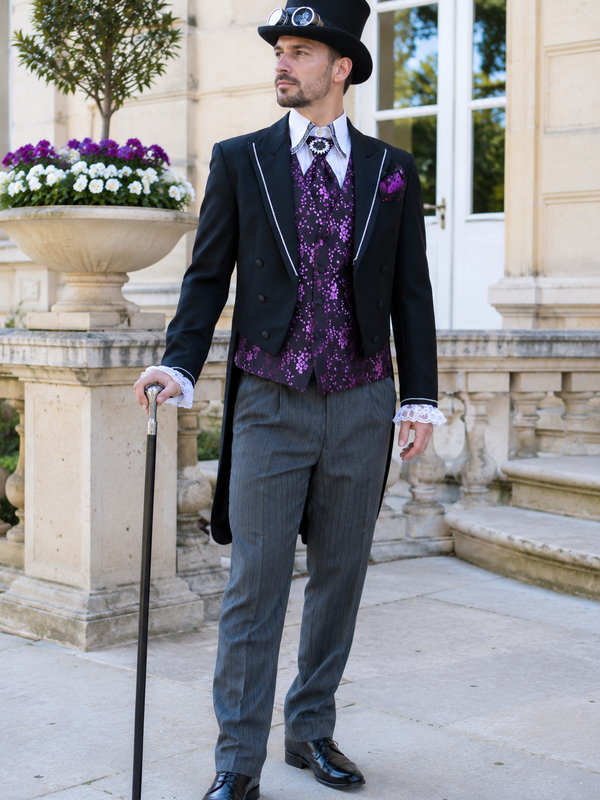 Steampunk Herren Outfit Größe 48 mit schwarzem Frack, violetter Weste, Stresemannhose, Zylinder und Gehstock.