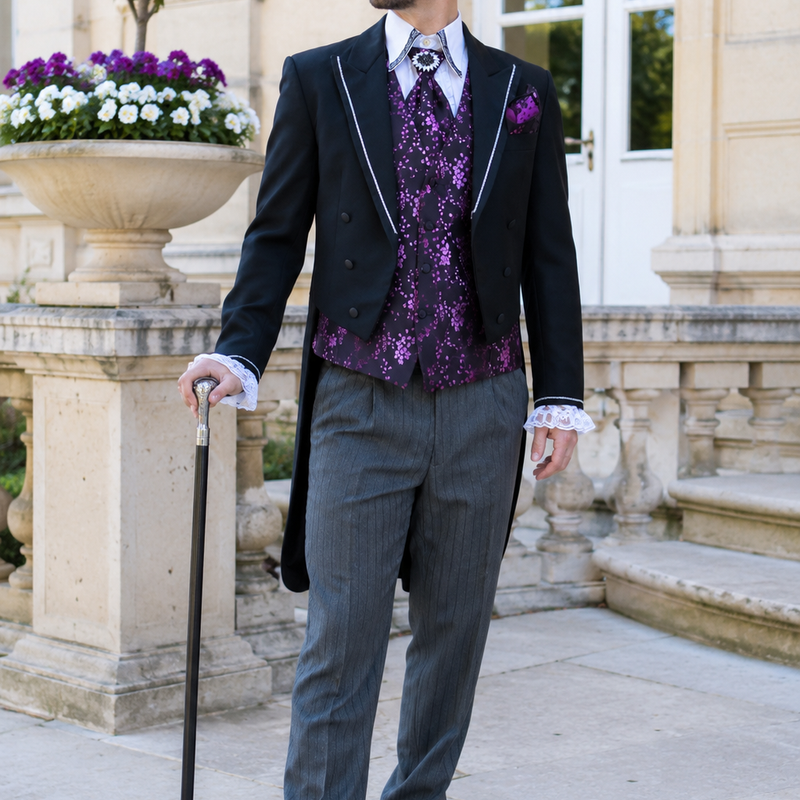 Steampunk Herren Outfit Größe 48 mit schwarzem Frack, violetter Weste, Stresemannhose, Zylinder und Gehstock.