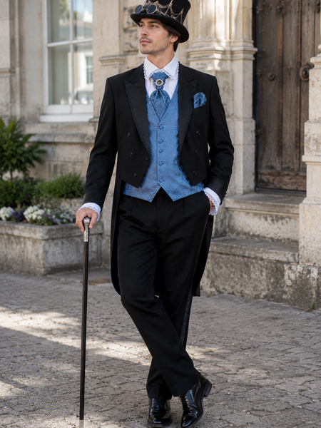 Mann im Steampunk Herren Outfit mit schwarzem Frack, hellblauer Weste, Rüschenhemd, Zylinder und Stock 