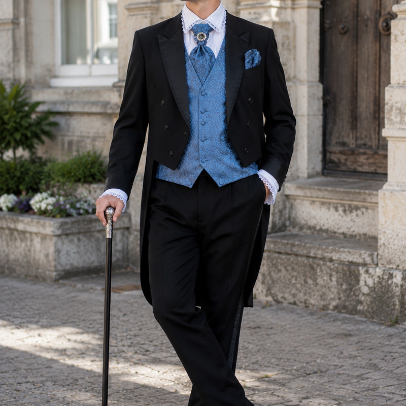 Mann im Steampunk Herren Outfit mit schwarzem Frack, hellblauer Weste, Rüschenhemd, Zylinder und Stock 