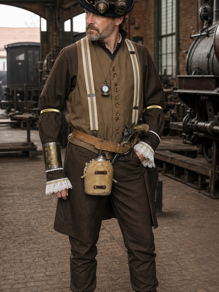 KI-generiertes Tragebeispiel eines Steampunk Herren Outfits Gr. 50 mit brauner Hose und Steampunk-Stiefeln