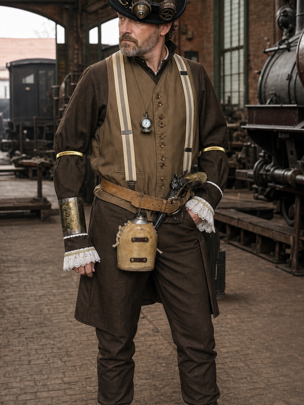 KI-generiertes Tragebeispiel eines Steampunk Herren Outfits Gr. 50 mit brauner Hose und Steampunk-Stiefeln