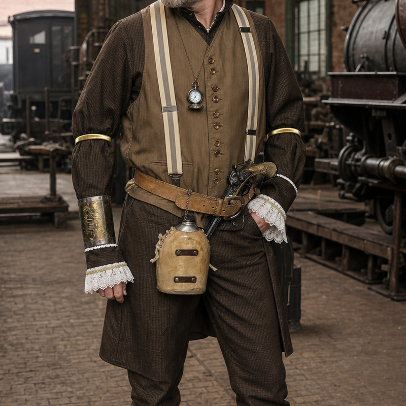 KI-generiertes Tragebeispiel eines Steampunk Herren Outfits Gr. 50 mit brauner Hose und Steampunk-Stiefeln