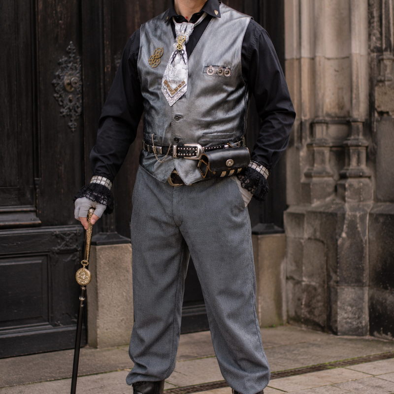 Steampunk Herren Outfit mit silberfarbener Lederweste, Goggles, Schurwollhose und Accessoires an echtem Modell vor historischem Gebäude.