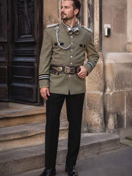 Steampunk Herren Outfit mit olivgrüner Uniformjacke, Goggles, silbernen Details und schwarzer Hose an echtem Modell.