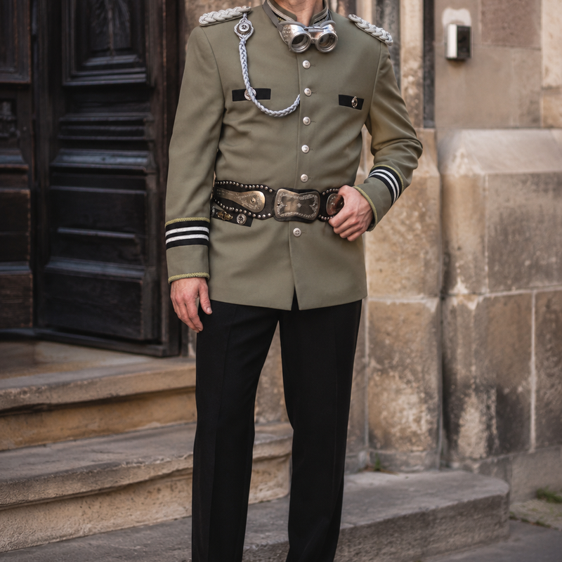 Steampunk Herren Outfit mit olivgrüner Uniformjacke, Goggles, silbernen Details und schwarzer Hose an echtem Modell.