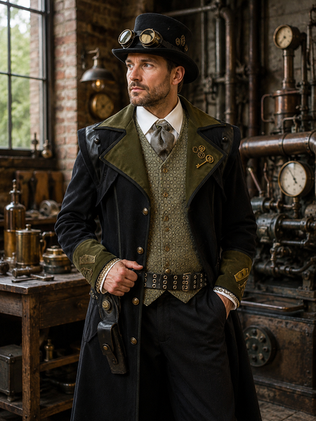 KI-generiertes Bild eines Herren im Steampunk Outfit mit langem schwarzem Mantel, olivgrünen Details, Weste, Krawatte, Gürtel und Hut mit Goggles