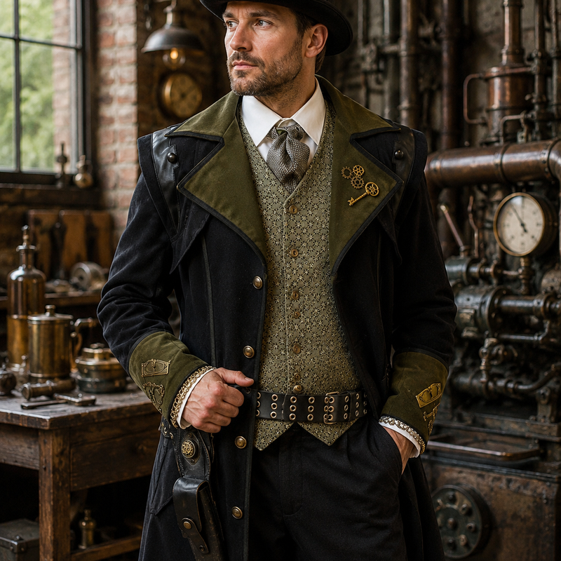 KI-generiertes Bild eines Herren im Steampunk Outfit mit langem schwarzem Mantel, olivgrünen Details, Weste, Krawatte, Gürtel und Hut mit Goggles