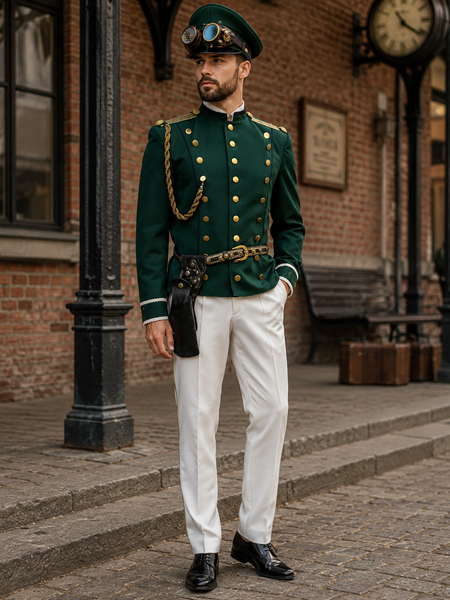 Steampunk Herren Outfit mit grüner Vintage Uniformjacke, Goggles, weißer Hose und Holster