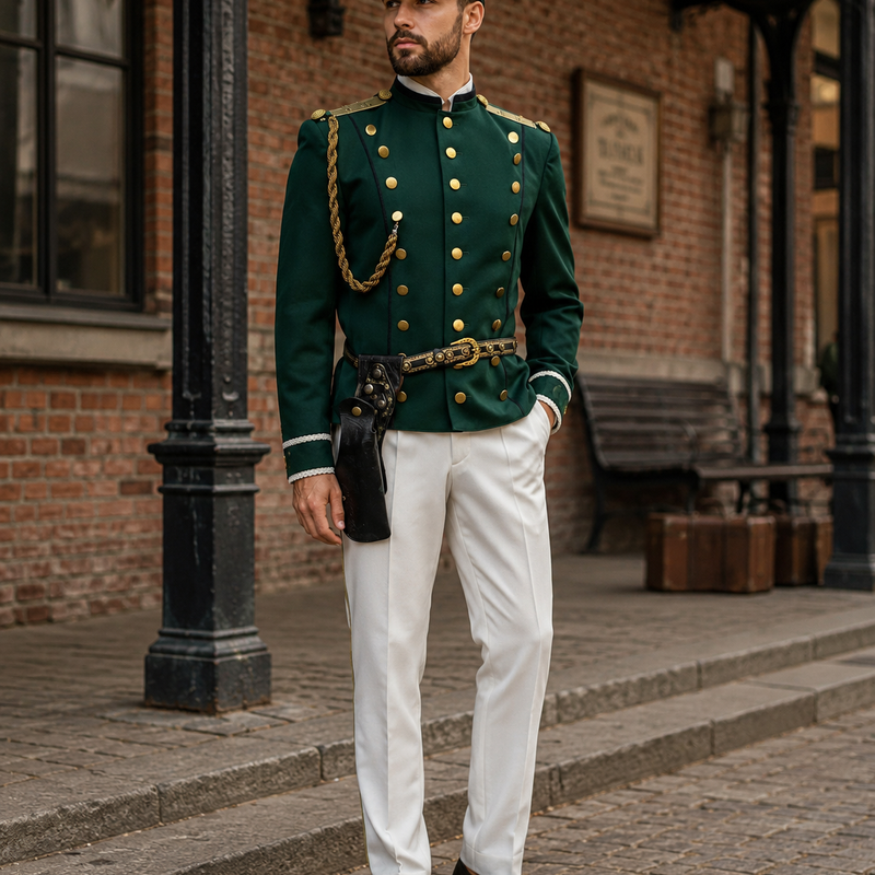 Steampunk Herren Outfit mit grüner Vintage Uniformjacke, Goggles, weißer Hose und Holster