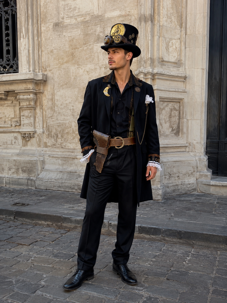 Mann im schwarzen Steampunk Herren Outfit mit Cutaway, Steampunk-Zylinder, Lederholster und Spitzenmanschetten vor historischer Steinarchitektur