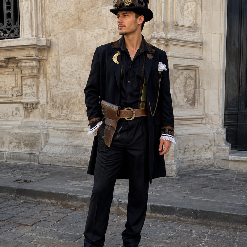 Mann im schwarzen Steampunk Herren Outfit mit Cutaway, Steampunk-Zylinder, Lederholster und Spitzenmanschetten vor historischer Steinarchitektur