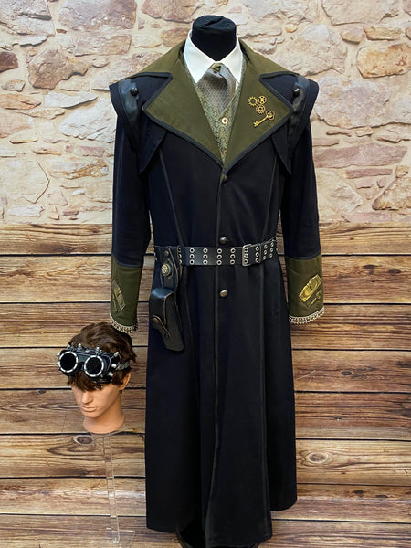 „Steampunk Herren Mantel Unikat schwarz oliv mit Weste und Accessoires“