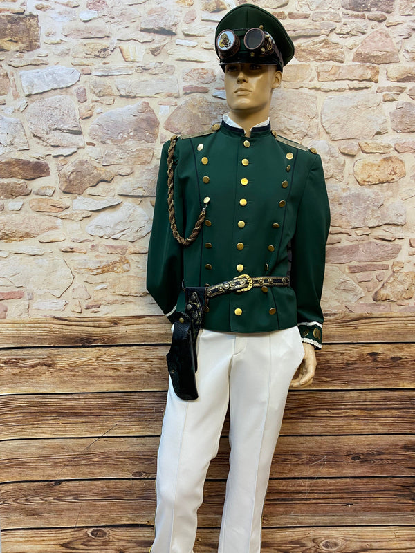 „Handgefertigtes Steampunk Herren-Outfit mit grüner Uniformjacke, Goggles und Gürtel – echtes Vintage Unikat Größe 48“