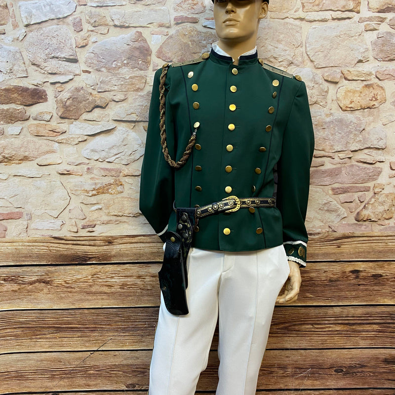 „Handgefertigtes Steampunk Herren-Outfit mit grüner Uniformjacke, Goggles und Gürtel – echtes Vintage Unikat Größe 48“