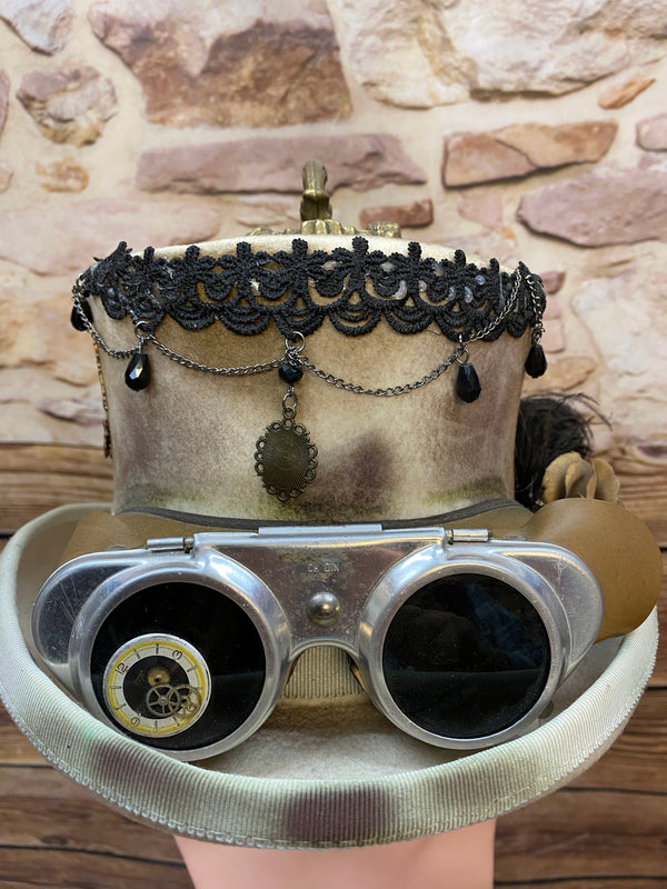 Steampunk Damen Zylinder Unikat Gr. 56/57 – handveredelt mit Goggles