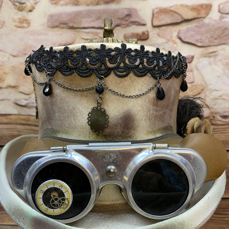 Steampunk Damen Zylinder Unikat Gr. 56/57 – handveredelt mit Goggles