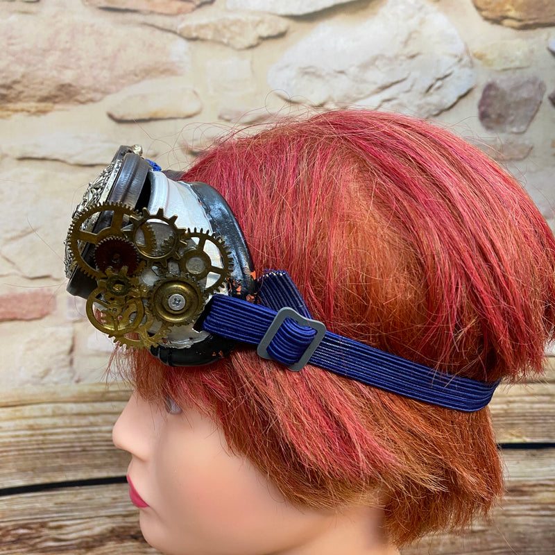 Steampunk Damen Outfit Gr. 36 – Blau-Schwarz mit Corsage, Goggles & Accessoires