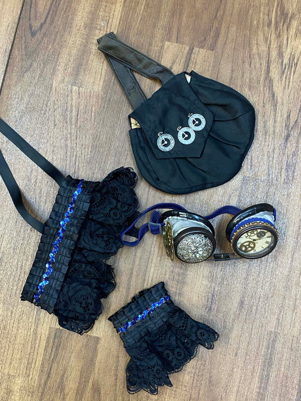Steampunk Damen Outfit Gr. 36 – Blau-Schwarz mit Corsage, Goggles & Accessoires