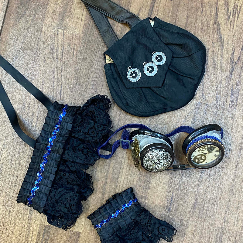 Steampunk Damen Outfit Gr. 36 – Blau-Schwarz mit Corsage, Goggles & Accessoires