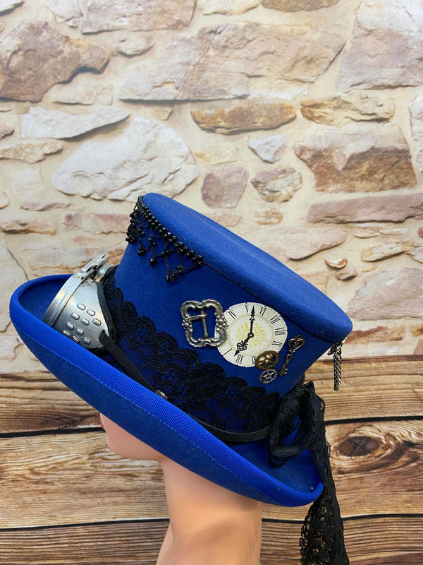 Steampunk Damen Zylinder Blau Gr. 56 – Unikat mit Goggles