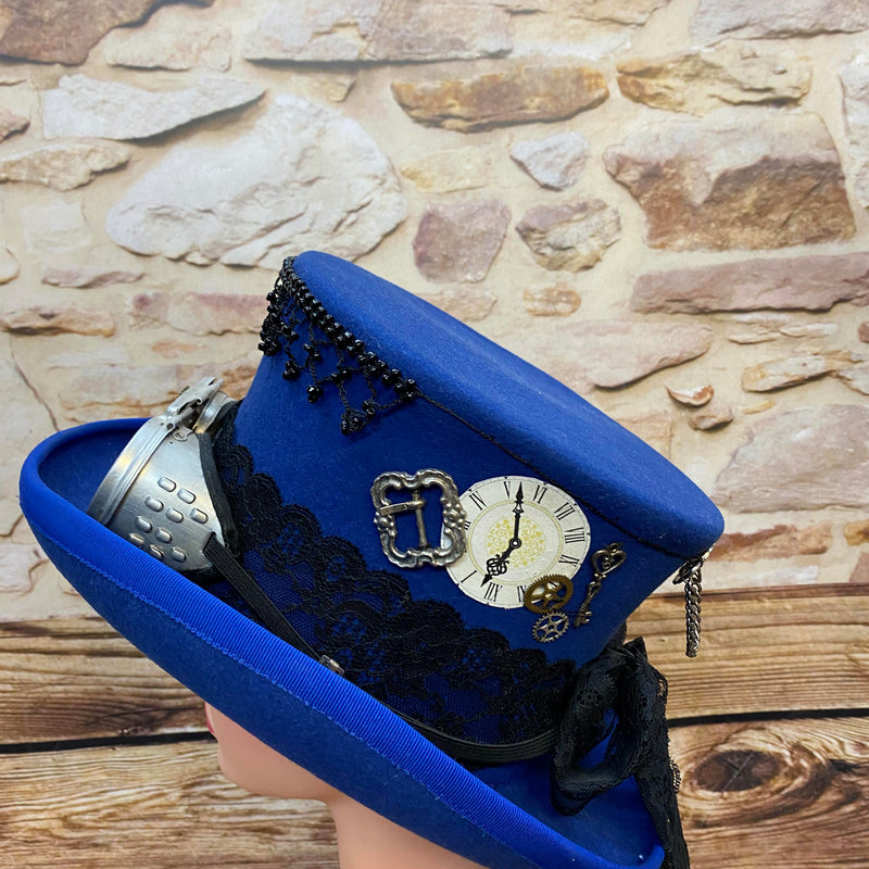 Steampunk Damen Zylinder Blau Gr. 56 – Unikat mit Goggles
