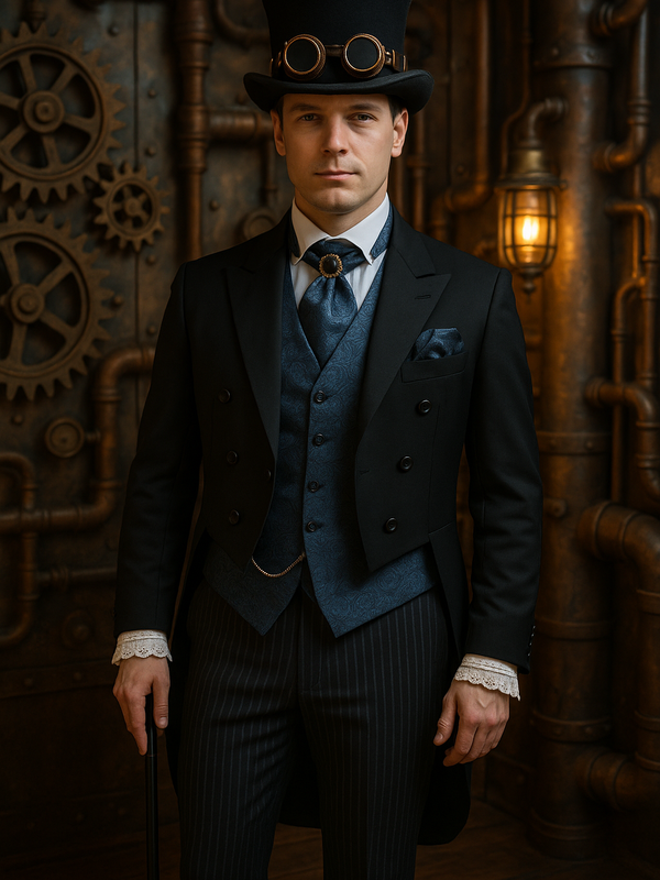Fantastic wedding suit / Original Steampunk Style / Frock coat, Knight coat, extravagant tuxedo, Victorian, black with blue