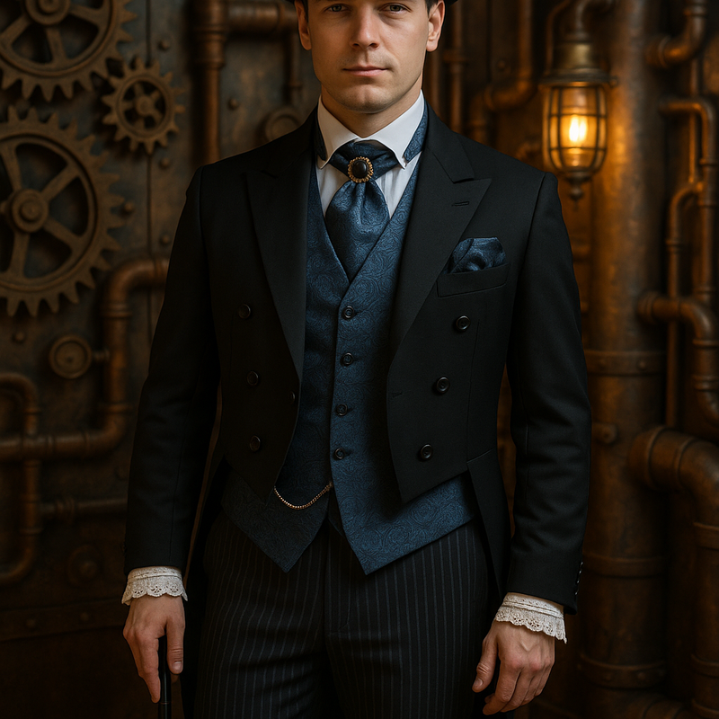 Fantastic wedding suit / Original Steampunk Style / Frock coat, Knight coat, extravagant tuxedo, Victorian, black with blue