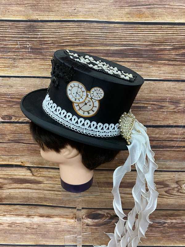 „Steampunk Zylinder schwarz mit Uhrenmotiv Perlen und Bändern Vintage Unikat Größe 55“