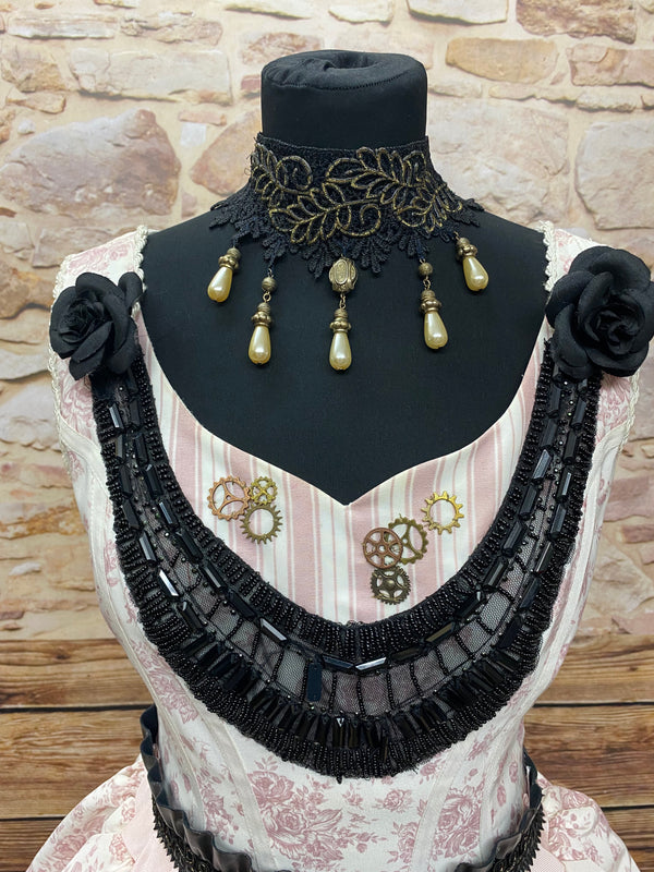 Steampunk-Brautkleid in Ivory/Schwarz – Gr. 36 (ohne Schirm & Cape)