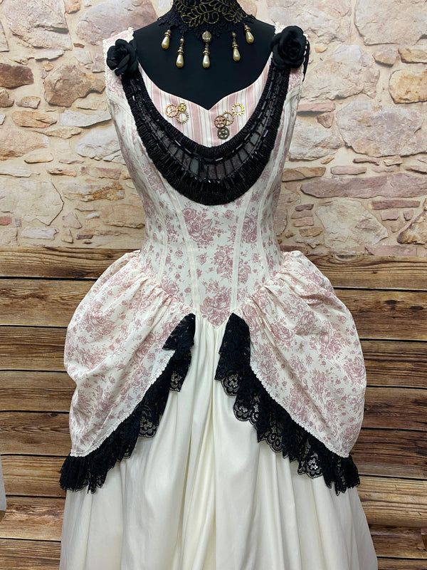 Steampunk-Brautkleid in Ivory/Schwarz – Gr. 36 (ohne Schirm & Cape)