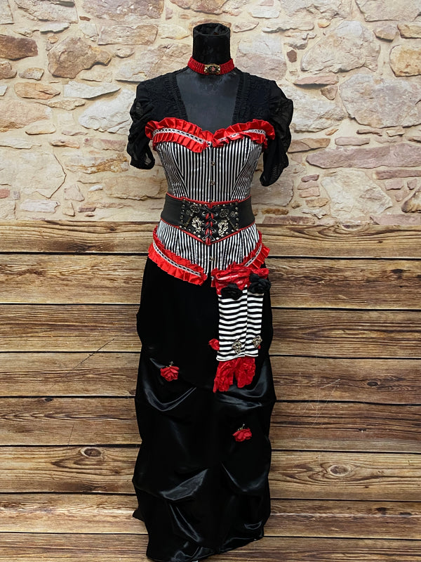 Steampunk Damen Kostüm Gr.34, Unikat, Hochwertig, schwarzer Rock und Bluse, gestreifte Corsage und rot7schwarzen Accessoires