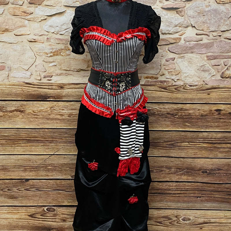 Steampunk Damen Kostüm Gr.34, Unikat, Hochwertig, schwarzer Rock und Bluse, gestreifte Corsage und rot7schwarzen Accessoires