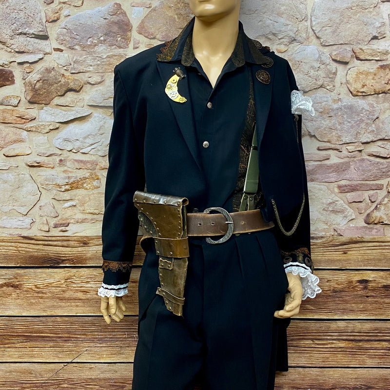 Steampunk Kostüm mit echtem Cutaway und antiker Frack-Hose, Hemd, Ledergürtel und Gürteltasche Größe 58