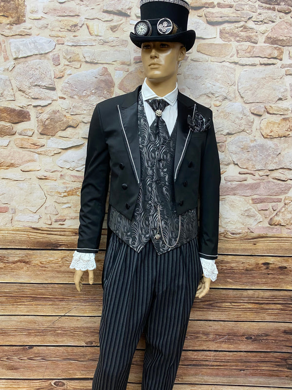 Steampunk Hochzeitsanzug mit Frack und Stresemann-Hose, Bräutigam-Anzug Gr.50 Unikat, In Schwarz, Grau und Weiß