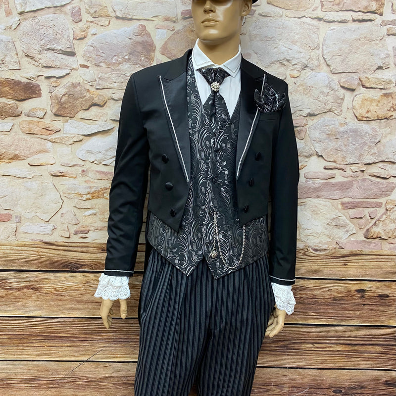 Steampunk Hochzeitsanzug mit Frack und Stresemann-Hose, Bräutigam-Anzug Gr.50 Unikat, In Schwarz, Grau und Weiß