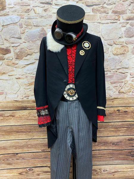 Hochwertige Steampunk Kleidung für Herren mit antiken schwarzen Gehrock , gestreifter Hose, rotes Rüschenhemd Gr.94 Unikat