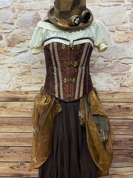 Steampunk Kostüm Damen 7-teilig, hochwertig Gr.46, in den Farben braun, beige und gold. Es ist handveredelt und ein Unikat.