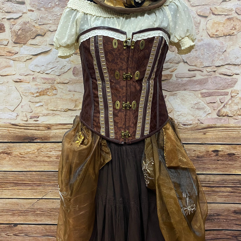 Steampunk Kostüm Damen 7-teilig, hochwertig Gr.46, in den Farben braun, beige und gold. Es ist handveredelt und ein Unikat.