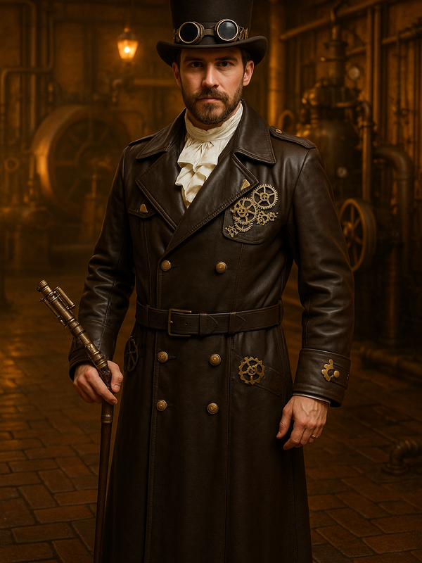 Langer brauner Steampunk-Ledermantel Größe 28