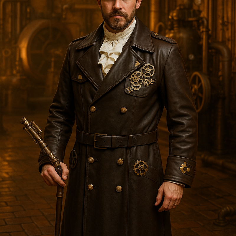Langer brauner Steampunk-Ledermantel Größe 28