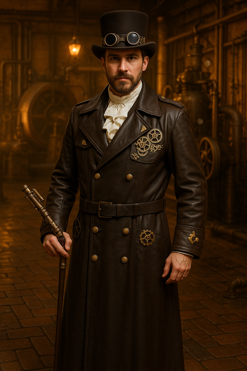 Langer brauner Steampunk-Ledermantel Größe 28