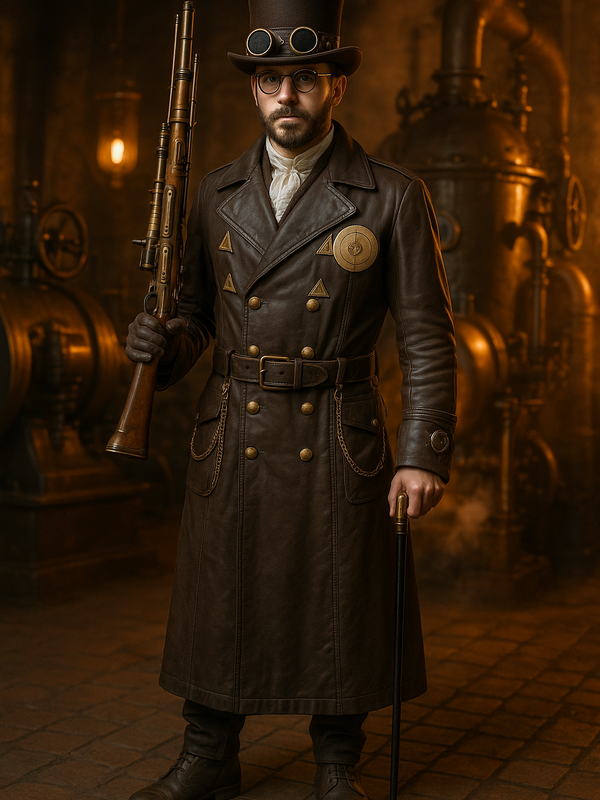 Handveredelter Steampunk Ledermantel in braun, Unikat, Gr.52