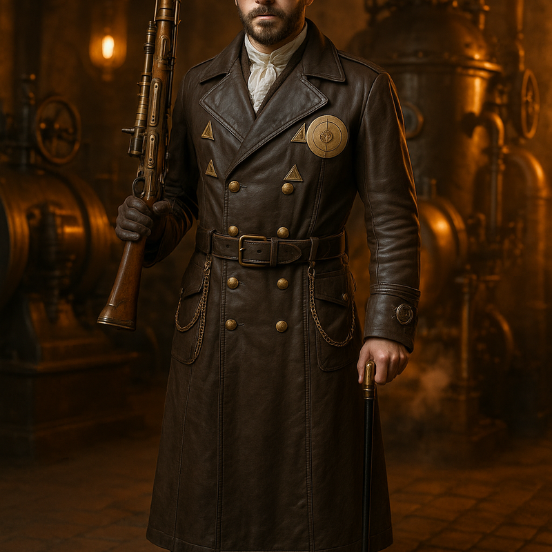 Handveredelter Steampunk Ledermantel in braun, Unikat, Gr.52