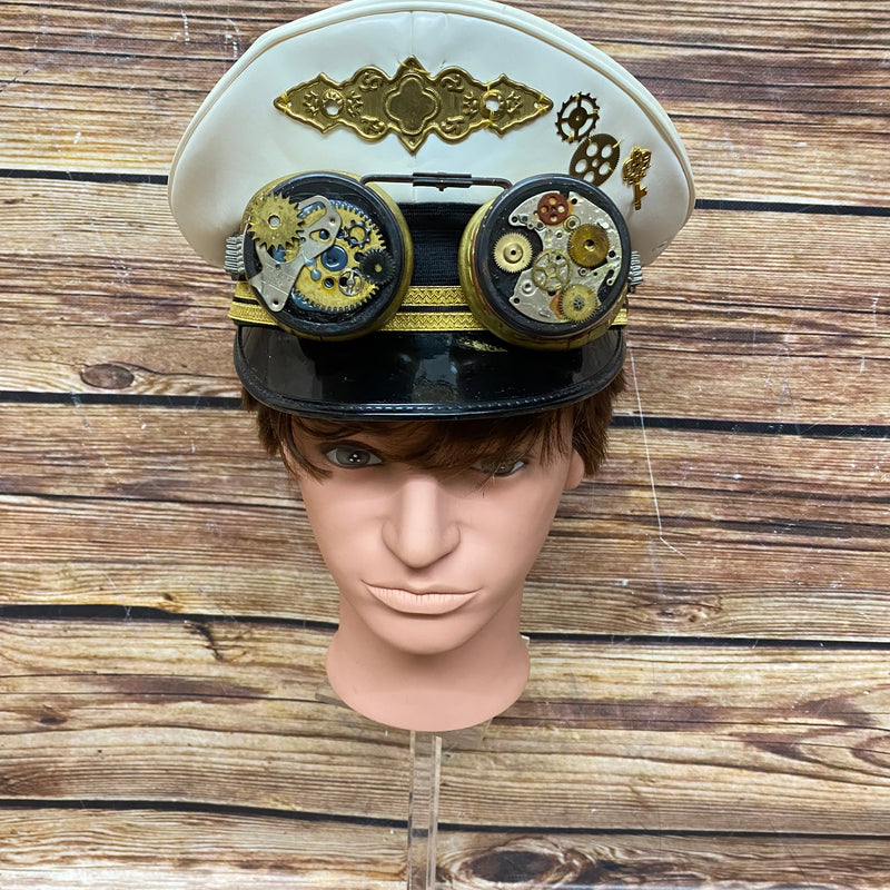 Vintage Polizei-Mütze in weiß, handeredlet als Steampunk-Kopfbedeckung Größe 59