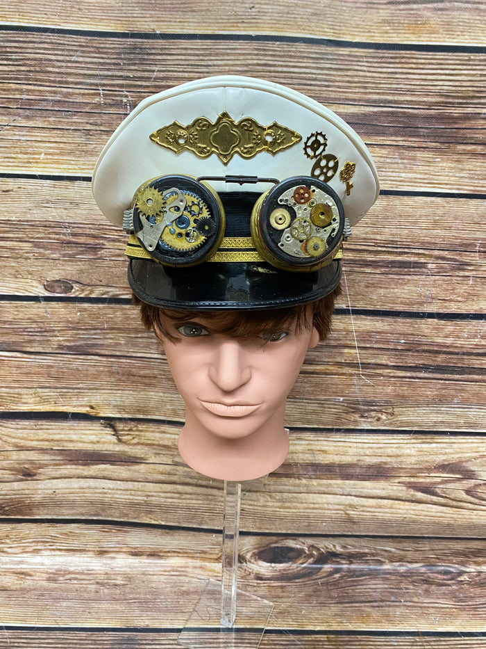 Vintage Polizei-Mütze in weiß, handeredlet als Steampunk-Kopfbedeckung Größe 59