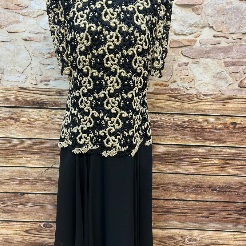 Schwarzes Vintage-Kleid Gr. 42 mit goldener Stickerei, tiefer Taille und fließendem Chiffonrock, 1980er, sehr guter Zustand