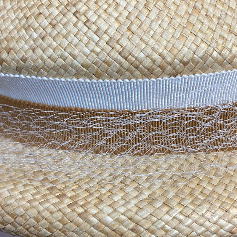Kleiner flacher Strohhut mit Netz und Zierschleife Damen Hut Vintage