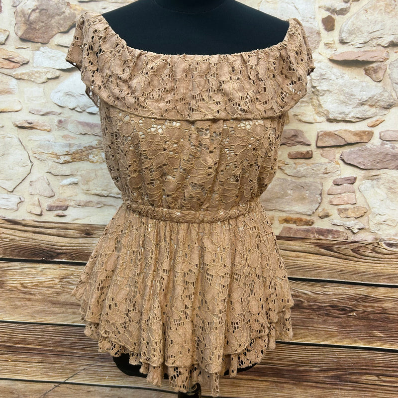 Vintage Stuchi Off-Shoulder Spitzen-Top in Cappuccino, Größe S/M, Bardot-Ausschnitt, elastischer Bund, sehr guter Zustand